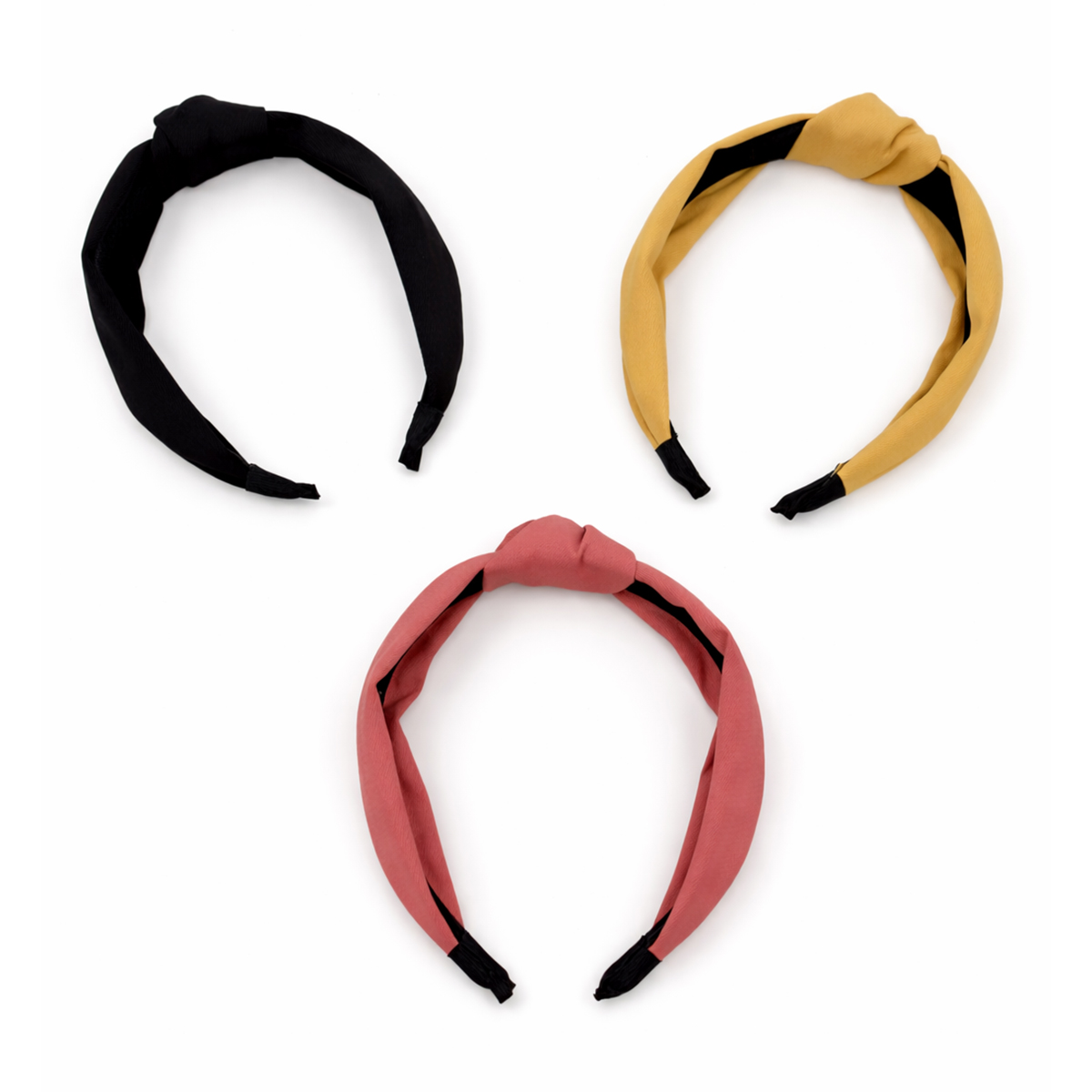 Haarbanden met knoop – Stoffen dames diadeem – Zwart, Roze, Oaker – Set 3 stuks