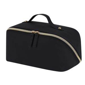 Trousse de toilette noire en similicuir – Design luxueux avec fermeture éclair dorée
