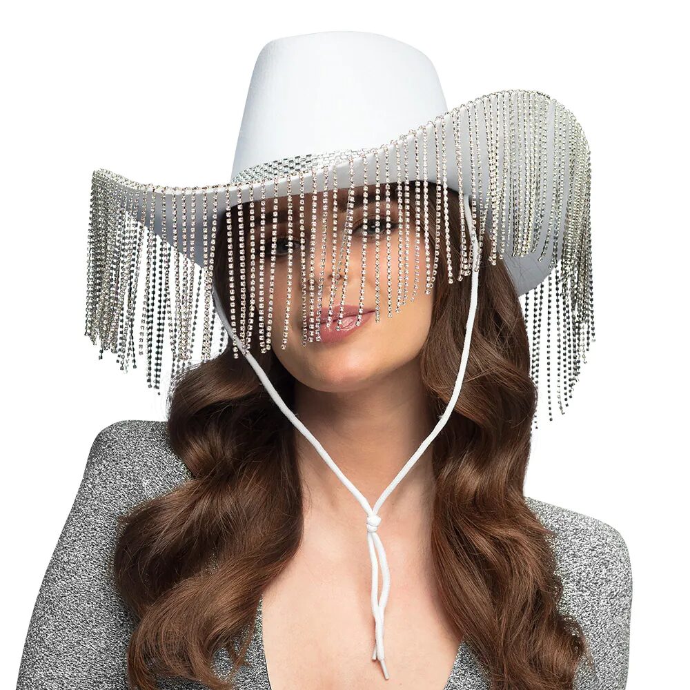 Chapeau de cowgirl showgirl avec strass blanc - Afbeelding 4