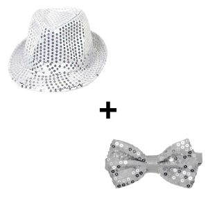Chapeau de fête Fedora + nœud papillon à paillettes argenté