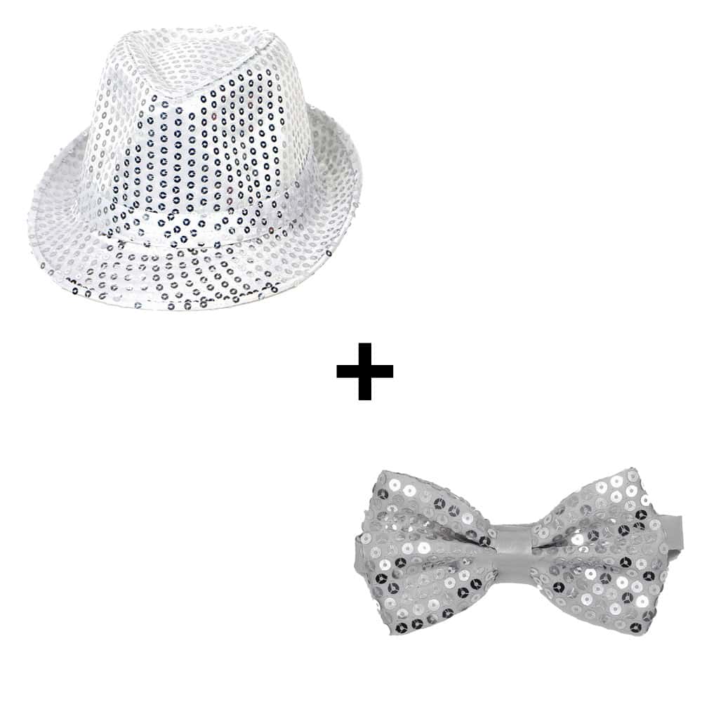 Chapeau de fête Fedora + nœud papillon à paillettes argenté