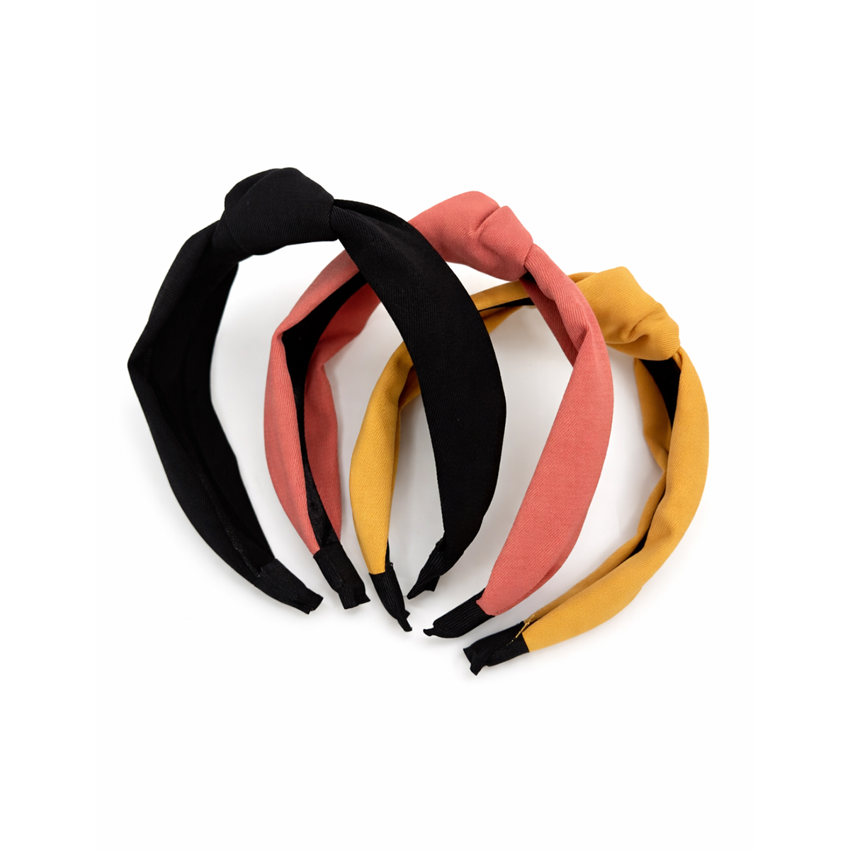 Haarbanden met knoop – Stoffen dames diadeem – Zwart, Roze, Oaker – Set 3 stuks - Afbeelding 3