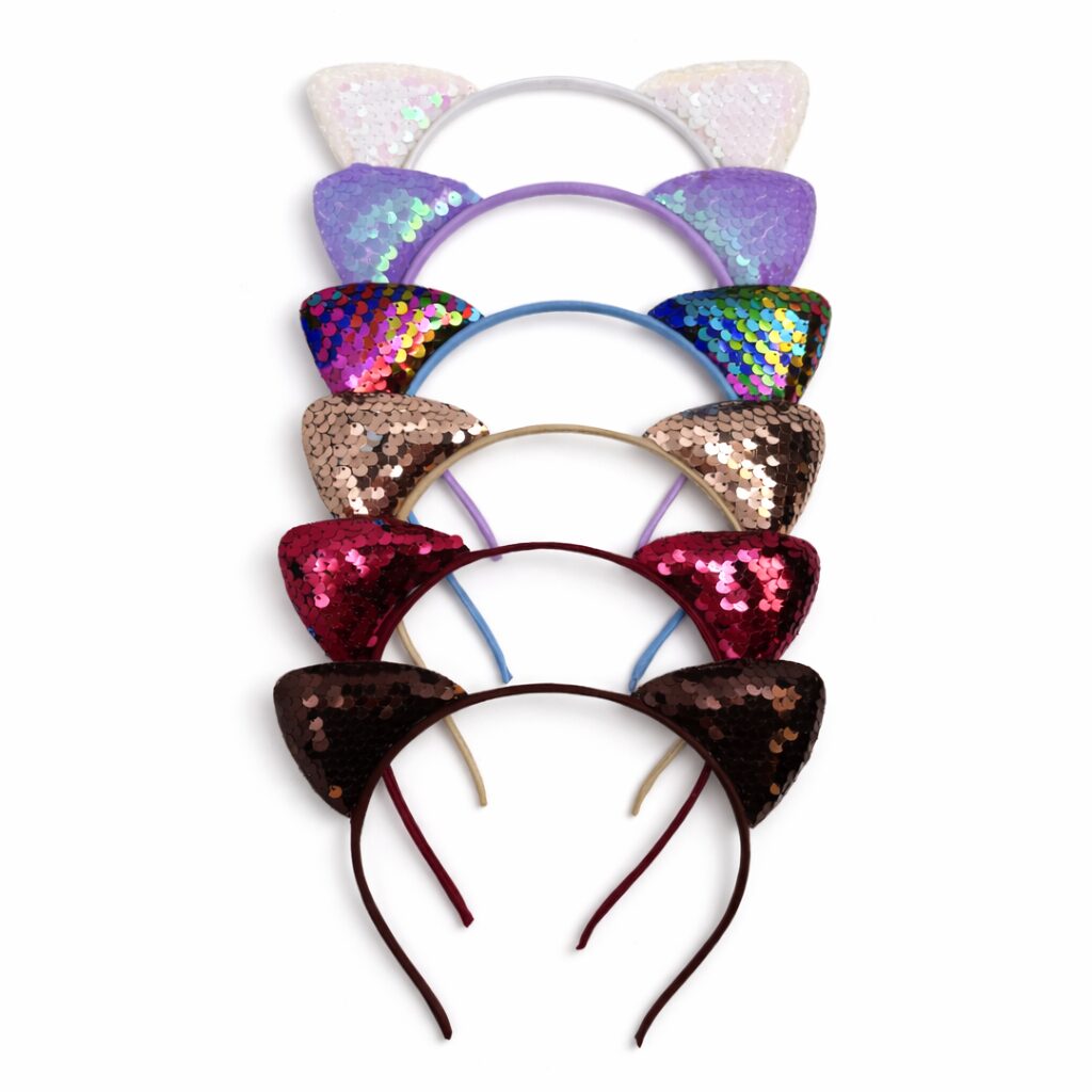 Kinder diadeem set met kattenoortjes – Glitter pailletten haarbanden – 6 stuks - Afbeelding 3