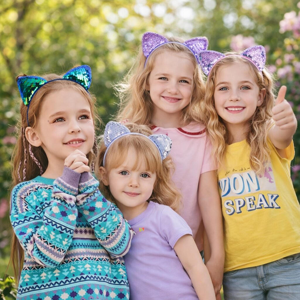 Kinder diadeem set met kattenoortjes – Glitter pailletten haarbanden – 6 stuks - Afbeelding 5